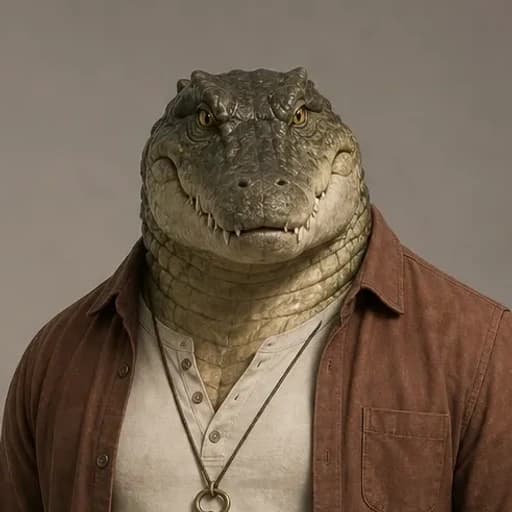 Marlow Reed, a crocodile character in a worn brown jacket