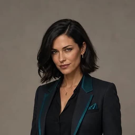 Marnie Hartwell, a dark-haired woman in a black suit with teal lapels