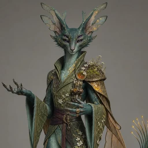 Veyra Solvane, a winged fantasy character in ornate green and gold robes