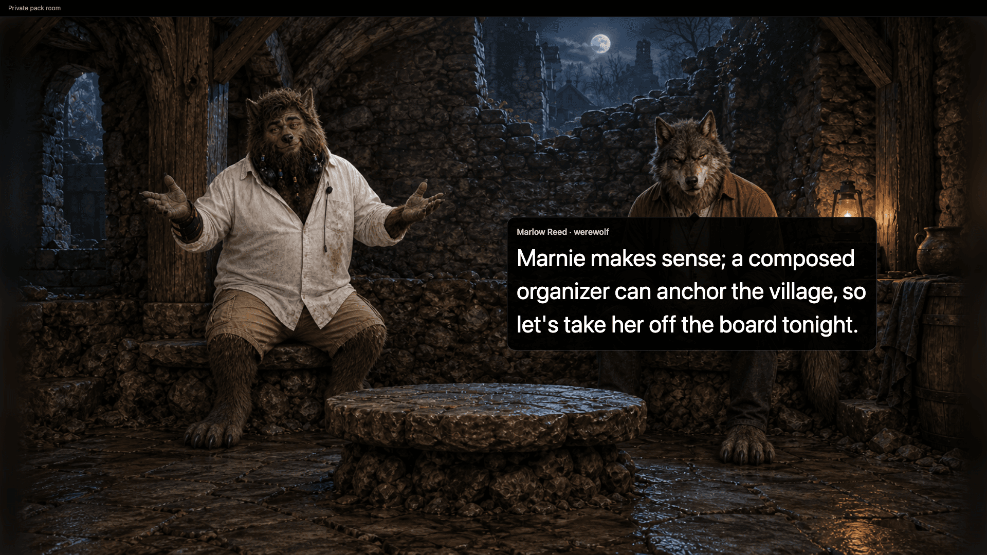 Marlow Reed and a fellow werewolf plan their night move in the private pack room