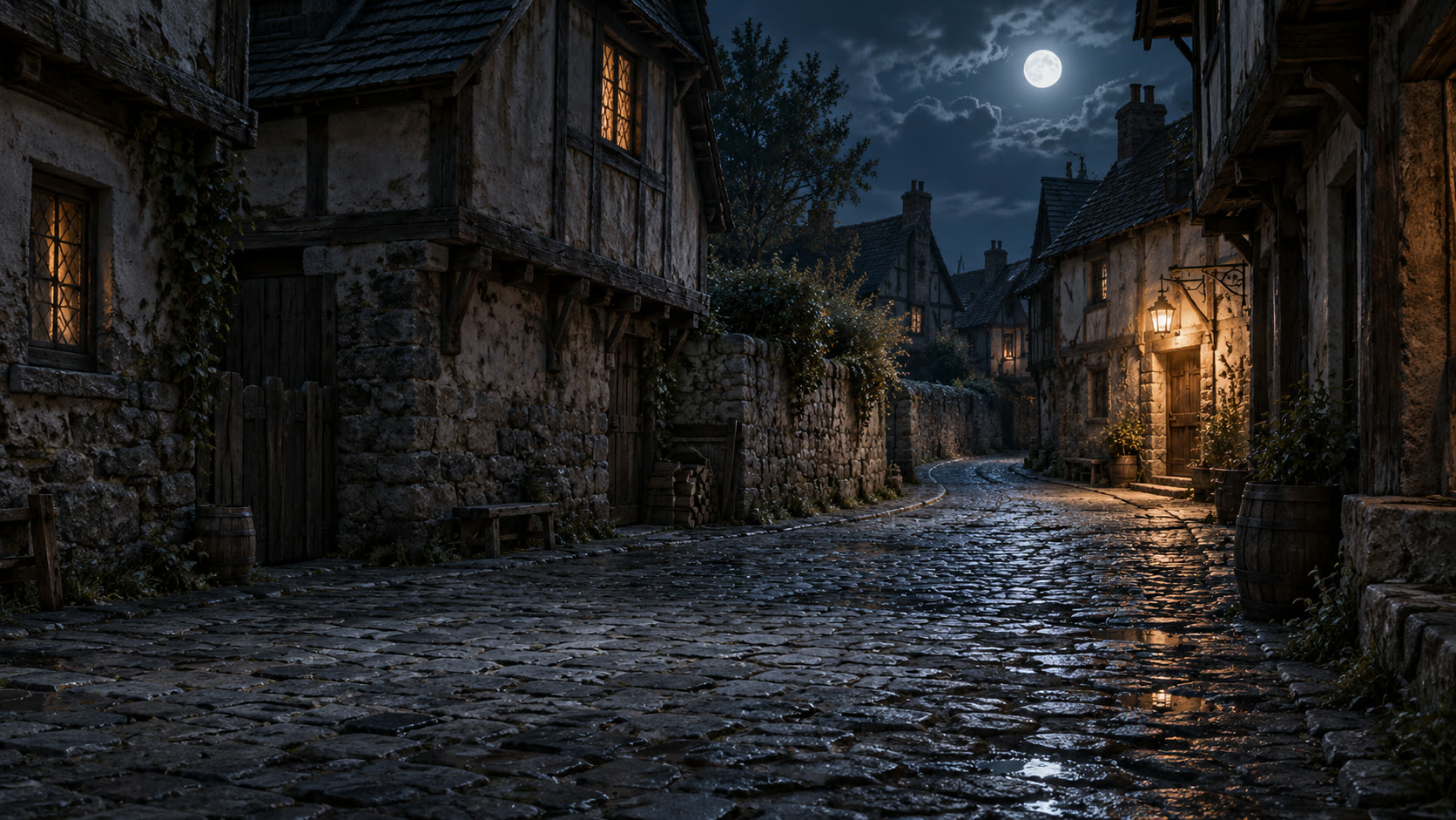 A moonlit medieval village with warm lanterns, timber houses, and an empty cobblestone street.